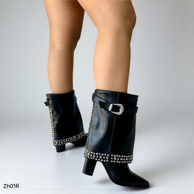 Botin texano negro doblez apliques plateado tacon 9cm  HX3077-C1072