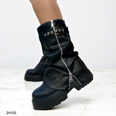 Bota negro doblez detalle correa y cierre plateado suela 7cm  YL-111  C-50