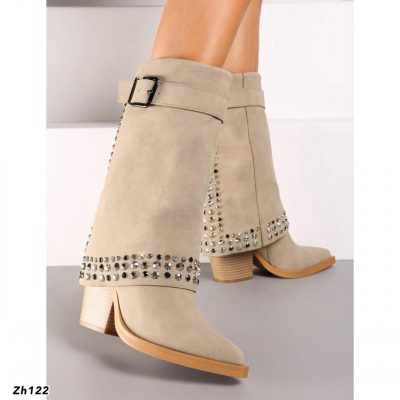 Bota texana beige doblez apliques brillantes tacon 10cm  1919  C-53