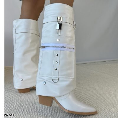 Bota caña alta blanco doblez detalle plateado bolsillo lateral  tacon 7cm  255-101