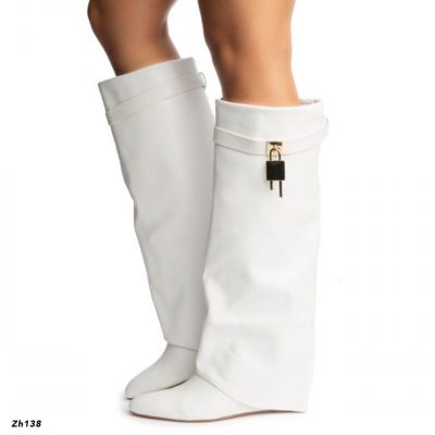 Bota caña alta blanco doblez detalle dorado tacon corrido 10cm  52166  C-64