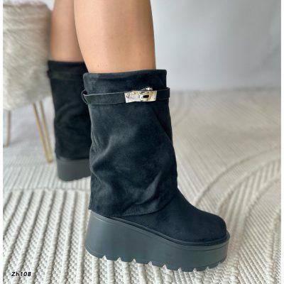 Botin negro doblez detalle plateado plataforma 7cm 255-106