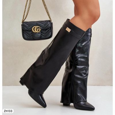 Bota caña alta negro doblez detalle dorado tacon 9cm  SM569   C-61