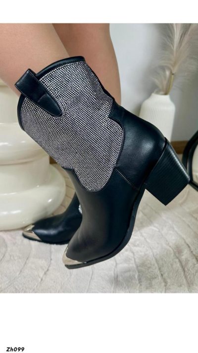 Botin texano negro apliques brillantes punta plateado tacon 6cm  255-142