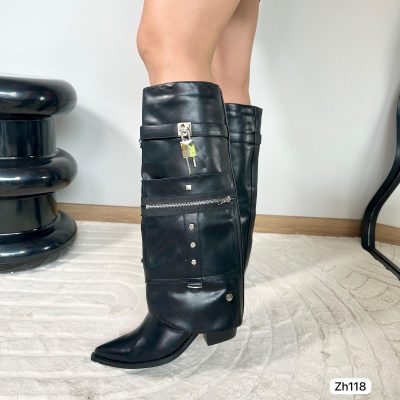 Bota caña alta negro doblez detalle plateado bolsillo lateral  tacon 7cm  255-101