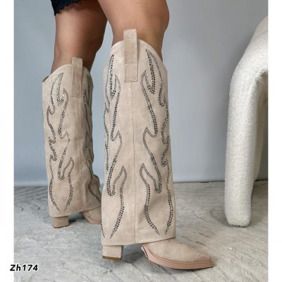 Bota texana beige doblez apliques plateado brillantes tacon 9cm 255-086