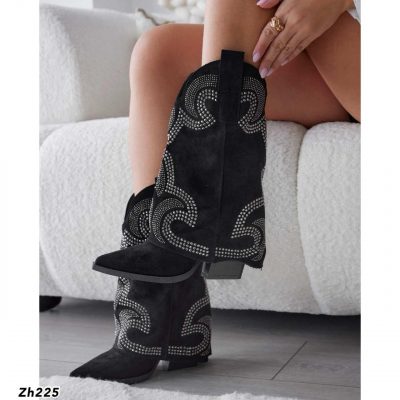 Bota texana negro doblez apliques plateado brillantes tacon  8cm  A9589  C-83
