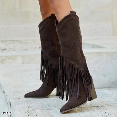 Bota texana café oscuro detalle flecos tacon 6cm A9851 C-90