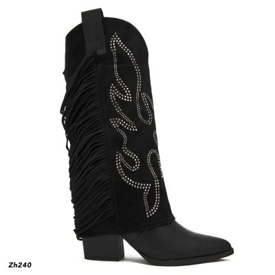 Bota texana negro doblez apliques plateado detalle flecos tacon 7cm  M-830  C-81