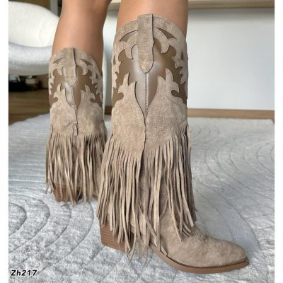 Bota texana beige detalle flecos tacon 6cm A9851 C-90