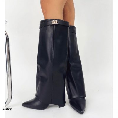 Bota caña alta negro doblez detalle dorado tacon 10cm  SM569  C-89