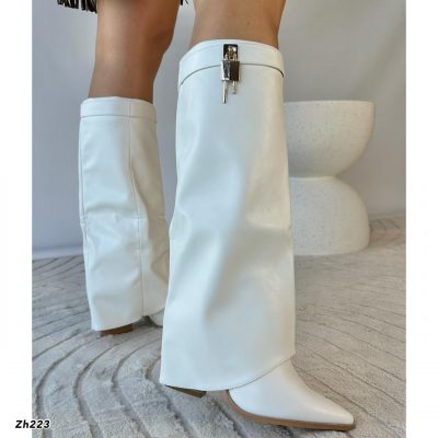 Bota caña alta blanco doblez detalle dorado tacon 9cm  G698  C-83