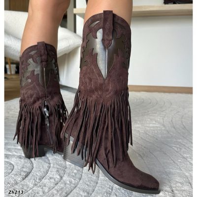 Bota texana café oscuro detalle flecos tacon 6cm A9851 C-90