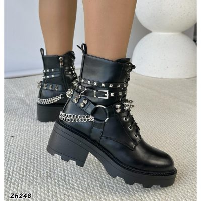 Botin negro cadenas y taches plateado tacon 6cm  HX3091-B9423