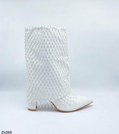 Botin blanco doblez malla apliques brillante tacon 9cm   255-022