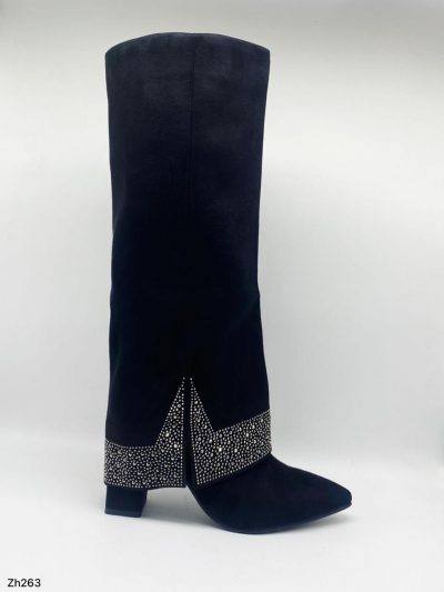 Bota caña alta negro doblez apliques plateado tacon 9cm  255-108