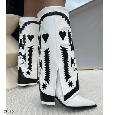 Bota texana blanco doblez detalles negro tacon 8cm HX3198-C1300