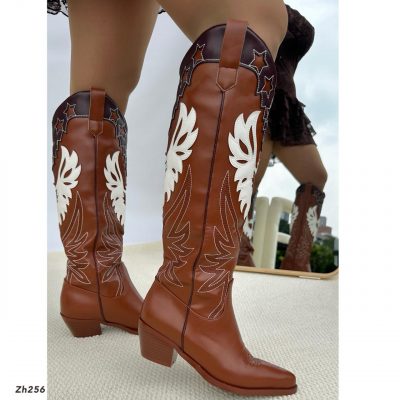 Bota texana café detalles blanco tacon 6cm HX3168-C1210