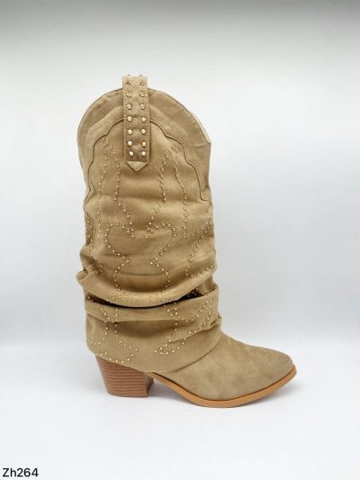 Bota texana beige doblez apliques dorado tacon 6cm  255-074