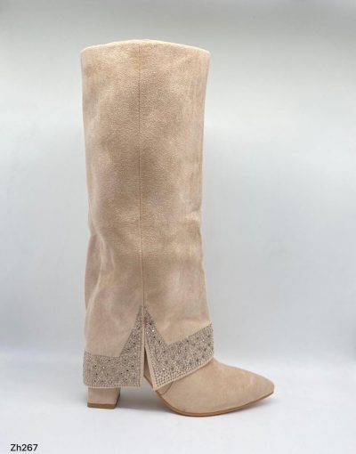 Bota caña alta beige doblez apliques plateado tacon 9cm  255-108