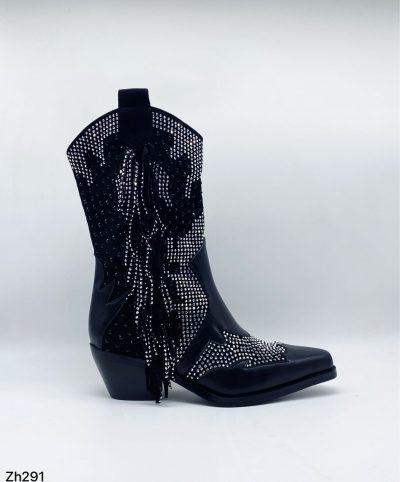 Botin texano negro detalle flecos apliques plateado brillantes tacon 6cm HX3168-C1262
