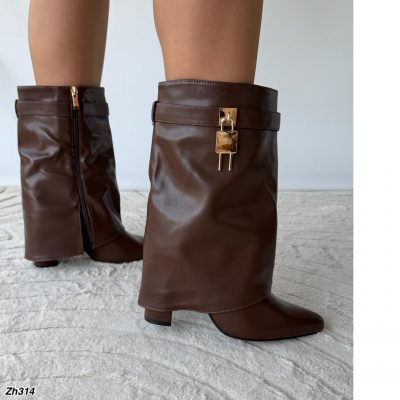 Botin café doblez detalle dorado tacon 9cm  52216   C-109