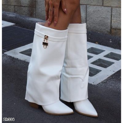 Bota caña alta blanco doblez detalle dorado tacon 9cm  A9532  C-122