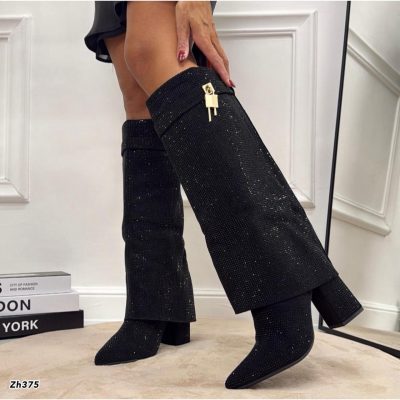 Bota caña alta negro doblez apliques brillantes tacon 10cm  G719  C-131