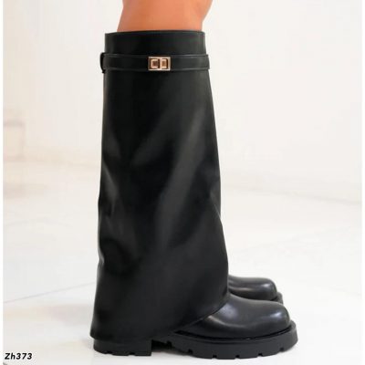 Bota caña alta negro doblez detalle dorado suela 4cm  SM576  C-129